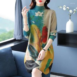Casual Dresses Women Imitation Mink Velvet Floral Sweater Dress 2024 Autumn Winter Warm Knitted Flowers Turtleneck