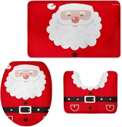 Bath Mats 3PCS Flannel Comfortable Xmas Non-Slip Toilet Seat Cover Foot Pad Mat Bathroom Set Red Santa Claus Christmas Decor