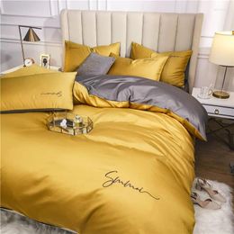 Bedding Sets 60S Long-staple Cotton Set Egyptian Solid Colour Embroidery Bed Duvet Cover Sheet Spread Fit