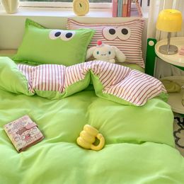 Cute Korean Style Duvet Cover Set No Filler Green Pink Mix Colour Flat Sheet Pillowcases Polyester Twin Queen Size Bed Linens