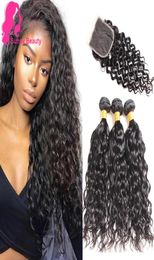 Malaysian Water Wave Hair 3 Bundles with Swiss Lace Closure Part Ocean Wave Wet Wavy Bundle Deals Human Hairs Weave Extensi2972432