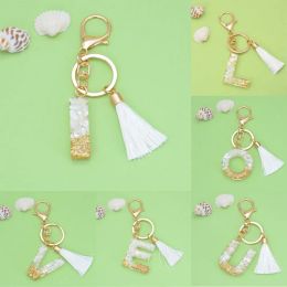 Gold Letter Alphabet Keychain Cute Creative Glitter Gradient Resin English Letter Keyring With Tassel Pendant Friend