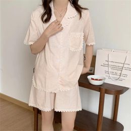 Home Clothing Alien Kitty Femme Soft Sweet Nightwear Women Cotton Pajamas 2024 Summer Fashion Plaid Casual Chic Two Piece Suit Sets