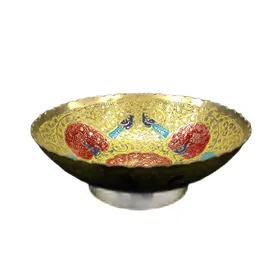 Decorative Figurines Chinese Folk Collection Antique Brass Hand Painted Peacock Pattern Bowl Statue Home Decoration Ornaments Exhibits