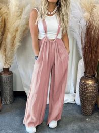Women's Pants Woman Clothing Solid Trousers Wide Leg Longs High Waist Pockets Loose Suspender Jumpsuit Summer Casual Baggy Bib Overalls