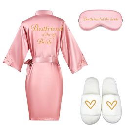 3pc set of bride kimono eyemask slippers lace robe satin women bridesmaid wedding prepare gift bridal party bathrobe robes