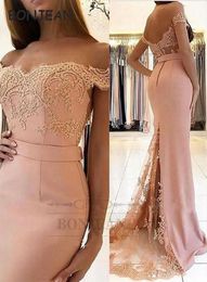 2023 Peach Bridesmaid Dresses Lace Off-the-Shoulder Black Gilrs Mermaid Floor Length Elastic Satin African Bridesmaid Dress