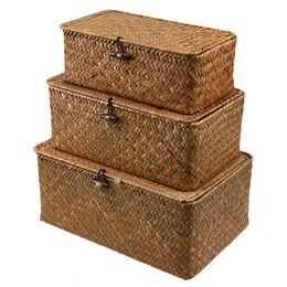 Storage Shelf Basket with Lid Rectangular Handmade Seagrass Rattan Woven Makeup Organiser Multipurpose Container Natural Box for