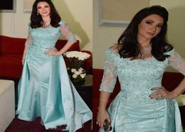 2022 Mother Off Bride Dresses Mint Green Bateau Neck Lace Applique Beads Half Sleeves Satin Overskirts Mermaid Plus Size Mother We4876697