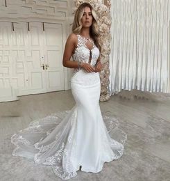 Sexy Amelia Sposa Full Lace Appliques Mermaid Wedding Dresses 2021 Jewel Neck Chapel Train Plus Size Backless Bridal Party Gowns2599891