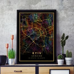 Kyiv GOLD ROADS Rainbow City Map Print Ukraine Poster Canvas Wall Art Black Pictures for Living Room