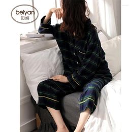 Home Clothing Ms BeiYan Autumn Pure Cotton Cardigan Long Sleeve Pyjamas Contracted Grid Leisurewear Loose Woven Suit Big Yards