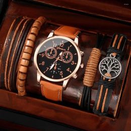 Wristwatches 6pc Men's Quartz Watch Bracelet Business Fashion Casual Round Pointer Vintage Accessories Gift Set