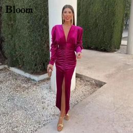 Bloom Fushcia Velour Front Slit Prom Dresses Sexy V Neck Ruched Long Sleeves Cocktail Women Wear Night Party Short Evening Gowns