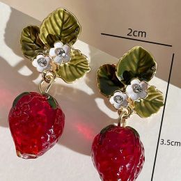 Obega Girls Cute Strawberry Drop Earrings Green Leaves White Flower Red Berry Crystal Stone Earrings ForSummer Jewellery Gift