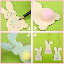 10pcs Diy Colourable Rabbit Hollowed-out Coloured Felt Ball Hanging Cut Craft Label Wooden Easter Ornament Pendant