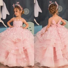 Cute Pink Flower Girls Dresses Sheer Jewel Neck Butterflies Girl Pageant Gowns First Communion Dress Tiered Skirt Ruched Kids Formal Wear