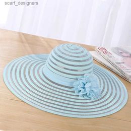 Wide Brim Hats Bucket Hats Church Hats For Women Kajeer Ladies Stripe Big Wide Brim Uv Protection Female Flower Design Wedding Hats Race Party Church Caps Y240409