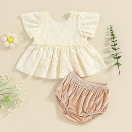 Clothing Sets 0-18M Toddler Baby Girl Clothes Set Solid Color Round Neck Sleeve Ruffled Hem Lace Flower Tops Elastic Waist Shorts