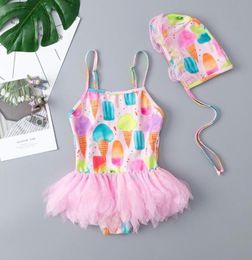 185y Baby Girls Swimsuit Cute Sequin Swan Print One Piece Swimwear Kids Swimsuit Hat Set Swimwear Swimming Bikini For Girl1735774