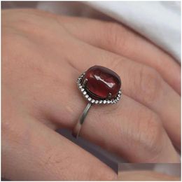Cluster Rings 1Pcs/Lot Natural Garnet Ring Crystal S925 Sterling Sier With Diamonds Elegant Womens Jewellery Precious Accessories Gem Dr Dhgaa