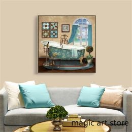 Vintage Bathroom Bathtub and Soap Towel Art Poster Canvas Painting Wall Print Picture for Living Room Home Bathroom Decor Cuadro