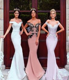 Stunning Mermaid Country Bridesmaids Dresses Off The Shoulder Lace Appliqued Wedding Guest Dress Cheap Sweep Train Maid Of Honour G1061101