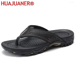 Sandals HUAJUANER Summer Male Beach Shoes Leather Leisure Flip Flop Men Man Fashion Casual Slippers