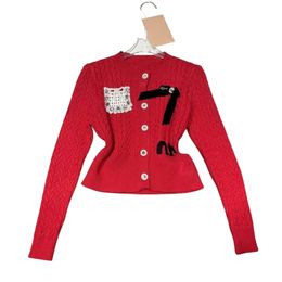 Desinger women o-neck long sleeve coarse wool knitted rhinestone cute bow letter embroidery single breasted sweater SML