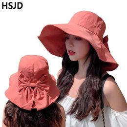 Large Brim AntiUV Solid Color Big Bow Women Beach Summer Sun Hats Female Outdoor Foldable Bucket Hat Sunscreen Cap240409