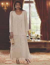 2019 New Ankle Length Chiffon Mother of the Bride Groom Dress With Long Sleeve Jacket A Line V Neck Beading In Plus Size 2488451067