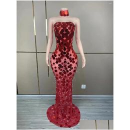 Stage Wear Y Black Red Sequins Transparent Long Dress Birthday Celebrate Rhinestones Costume Women Dance Performance Po Shoot Drop Del Dhw6B