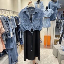Drawstring Waistcoat Jean Jacket Jaqueta Feminina Short Sleeve Denim Coat Chaqueta Mujer Women Crop Shirt Korean Tops Y2k Vest