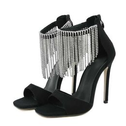 Dress Shoes Liyke Sexy Crystal Rhinestone Tassel Ankle Strap Sandals Women Solid Black Open Toe 11CM Thin High Heels Party Stripper H240409 ZC96