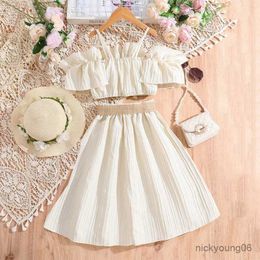 Clothing Sets FOCUSNORM 2pcs Summer Kid Girls Clothes Sets 8-12Y Ruffles Solid Off Shoulder Spaghetti Strap Crop Tops + Belted Skirt