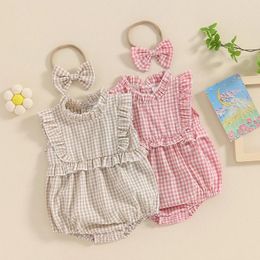 Clothing Sets Baby Girls Summer Romper Infant Sleeveless Ruffle Collar Plaid With Headband 2 Pieces For 0-18 Months