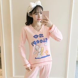 Home Clothing 2024 Autumn Cotton V-neck Pyjama Sets For Women Long Sleeve Pyjama Girl Cute Cartoon Homewear Lounge Striped Pants