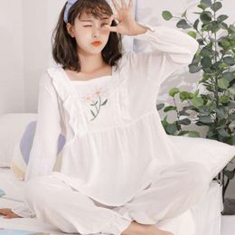 Spring, Summer, Autumn, Clothing, Double-layer Bubble Gauze, Long Sleeved Solid Colour Pajamas, Home Set, Waist Adjustable Postpartum Clothing