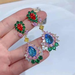 Dangle Earrings For Women 925 Silver Needle Eardrop Vintage Colorful Zircon Wedding Bridal Fine Jewelry Party Accessories
