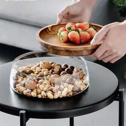 Plates Snack Serving Tray With Wooden Lid Glass Appetizers/ Bowl Candy Storage Container Fruit Platter