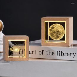 Decorative Figurines Wood 3D Crystal Ball Night Light Ornament Solar System Planets Glass Moon Balls Led Home