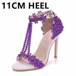 Dress Shoes Crystal Queen Women Sandals White Lace Flowers Pearl Tassel Bridal Stiletto Super Fine High Heels Slender Wedding H240409 3UPE