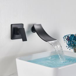 POIQIHY Wall Mounted Waterfall Basin Faucet Chrome/Black Bronze washbasin faucet crane Dual Holes Hot Cold Water Sink Mixer Tap