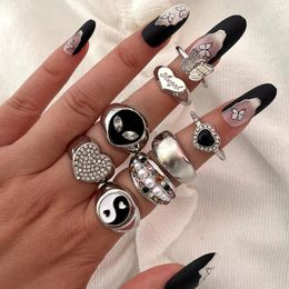 Cluster Rings Silver Colour Metal Alien Face Yin Yang Enamel Chunky Set For Women Men Heart Geometric Ring Punk Trendy Party Jewellery Gift