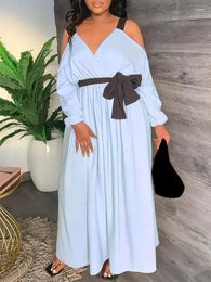 Casual Dresses WUHE Spaghettis Trap Black Striped Side Sashes Loose Maxi Long Dress Sleeve Sexy V-neck Women Vestidos De Fiesta