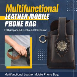 Multifunctional Leather Mobile Phone Bag Vintage Leather Belt Waist Bag Men Holster Portable Key Holder Cigarette Tool Case Gift