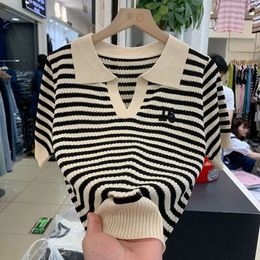 Women Short Sleeve Striped Polo Shirts Summer T-shirt Hollow Out Contrast Colours Patchwork Korean Fashion Casual Versatile Tops 240329
