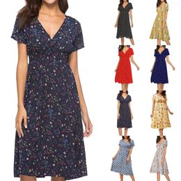 Casual Dresses Women's Chiffon Beach Dress Simple Printed V-Neck Short Sleeved Temperament Bohemian Style Vestidos Femenino