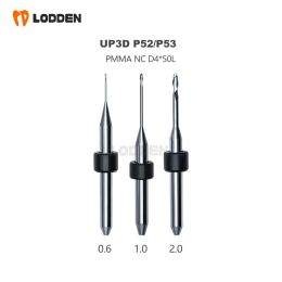 UP3D P52/P53 Dental Milling Burs for Grinding PMMA NC Coating D4 Drill Diameter 0.6/1.0/2.0mm Total 50mm Denture Griding Tools