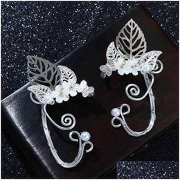 Clip-On Screw Back Backs Earrings 1Pcs Chic Elf Pearl Hollowed Flower Leaf Cosplay Fairy Ear Wrap Cuffs For Women Girls Jewellery Hallow Dhoxw